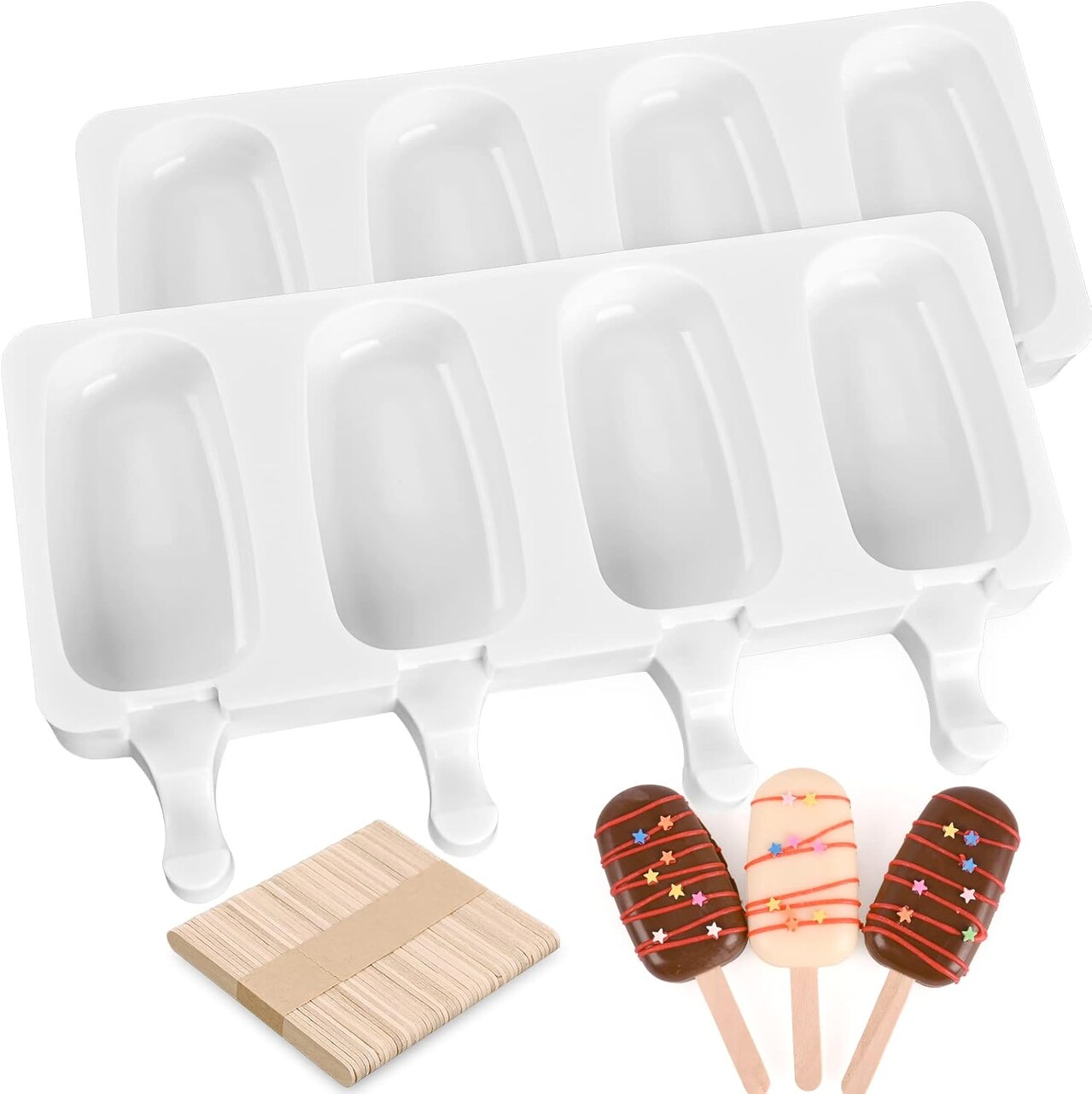 2-Piece Silicone Popsicle Molds Set with 50 Wooden Sticks - Standard Size Ice Cream & Cakesicle Molds - Flexible DIY Ice Pop & Cake Pop Maker for Homemade Treats (White)